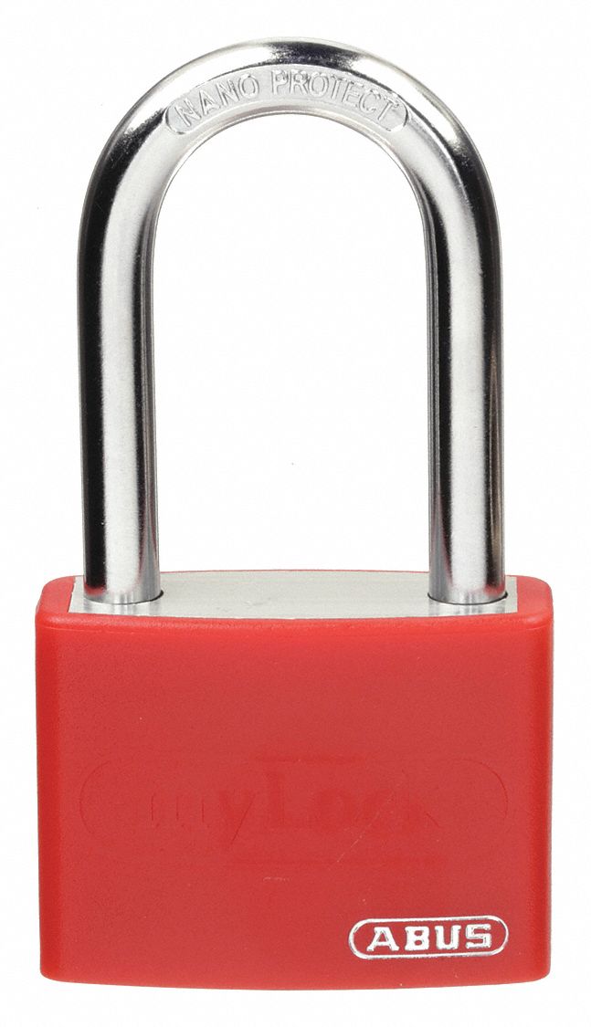 LOCKOUT PADLOCK, KEYED ALIKE, ALUMINUM, COMPACT BODY, HARDENED STEEL, RED, 2 IN H