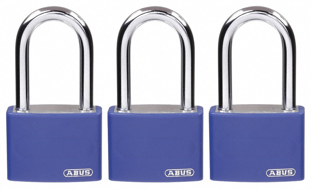 LOCKOUT PADLOCK, KEYED ALIKE, ALUMINUM, COMPACT BODY, HARDENED STEEL, BLUE, 3 PK