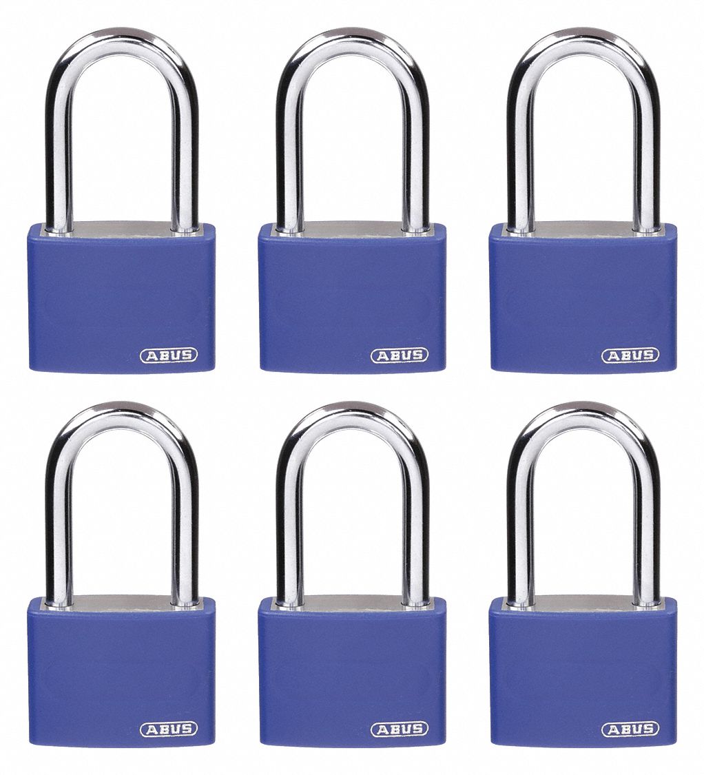 LOCKOUT PADLOCK, KEYED ALIKE, ALUMINUM, COMPACT BODY, HARDENED STEEL, BLUE, 2 IN H, 6 PK