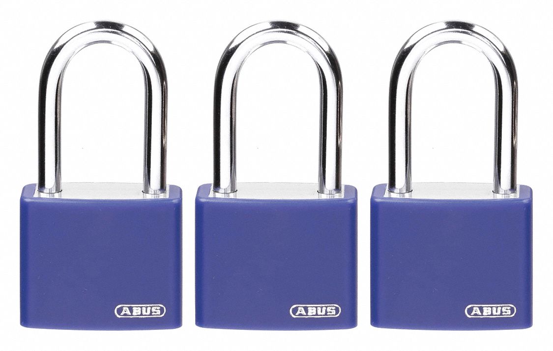 LOCKOUT PADLOCK, KEYED ALIKE, ALUMINUM, COMPACT BODY, HARDENED STEEL, BLUE, 2 IN H, 3 PK