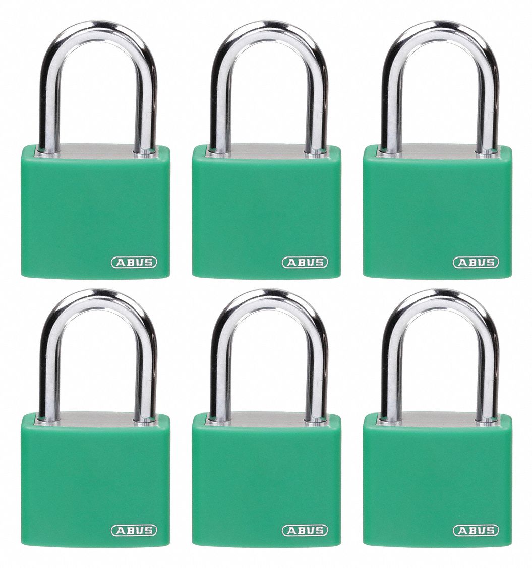 LOCKOUT PADLOCK, KEYED ALIKE, ALUMINUM, COMPACT BODY, HARDENED STEEL, GREEN, 2 IN H, 6 PK