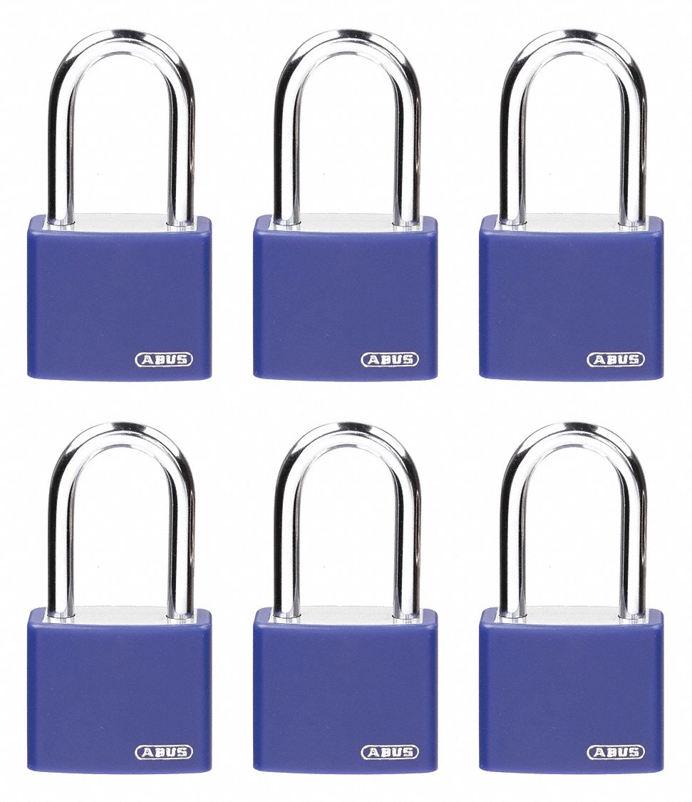 LOCKOUT PADLOCK, KEYED ALIKE, ALUMINUM, COMPACT BODY, HARDENED STEEL, BLUE, 2 IN H, 6 PK