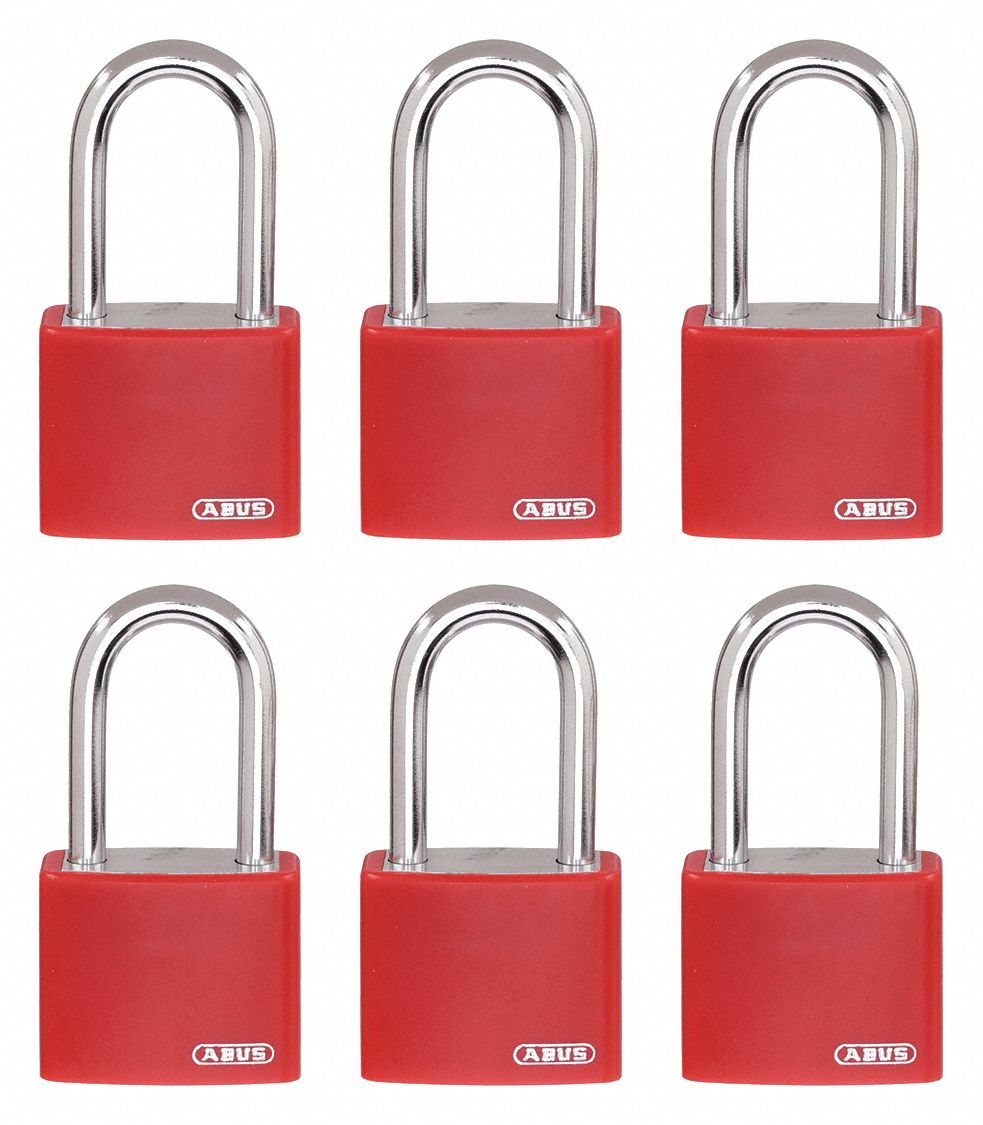 LOCKOUT PADLOCK, KEYED ALIKE, ALUMINUM, COMPACT BODY, HARDENED STEEL, RED, 2 IN H, 6 PK