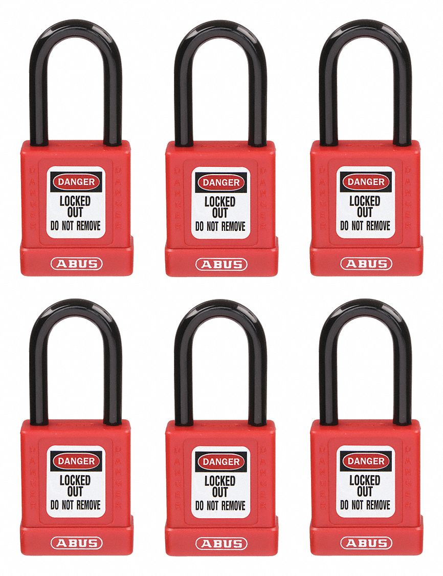 LOCKOUT PADLOCK, KEYED DIFFERENT, ALUMINUM, STANDARD BODY, HARDENED STEEL, RED, 2 IN H, 6 PK