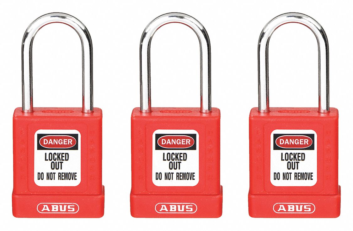 LOCKOUT PADLOCK, KEYED ALIKE, ALUMINUM, STANDARD BODY, HARDENED STEEL, RED, 3 PK