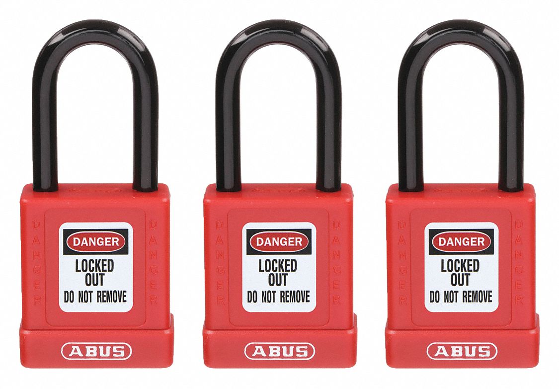 LOCKOUT PADLOCK, KEYED ALIKE, ALUMINUM, LONG BODY, HARDENED STEEL, RED, 3 PK