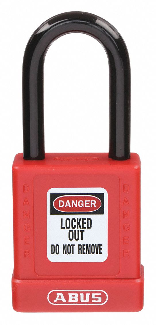 LOCKOUT PADLOCK, KEYED DIFFERENT, ALUMINUM, LONG BODY, HARDENED STEEL, RED