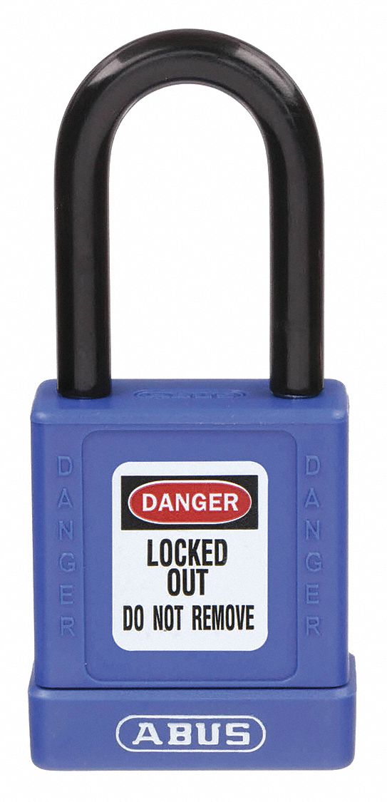 LOCKOUT PADLOCK, KEYED DIFFERENT, ALUMINUM, LONG BODY, HARDENED STEEL, BLUE