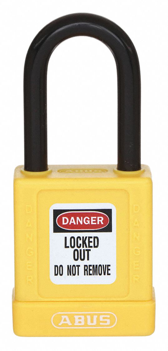 LOCKOUT PADLOCK, KEYED DIFFERENT, ALUMINUM, LONG BODY, HARDENED STEEL, YELLOW