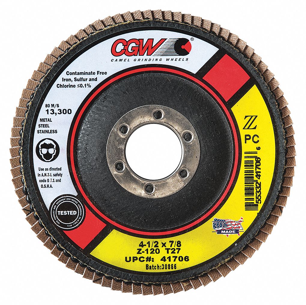 FLAP SANDING DISC, ZPC ECONOMY, T29, RESIN-BOND,120 GRIT, 5 IN X 5/8"-11, ZIRC/CO POLY