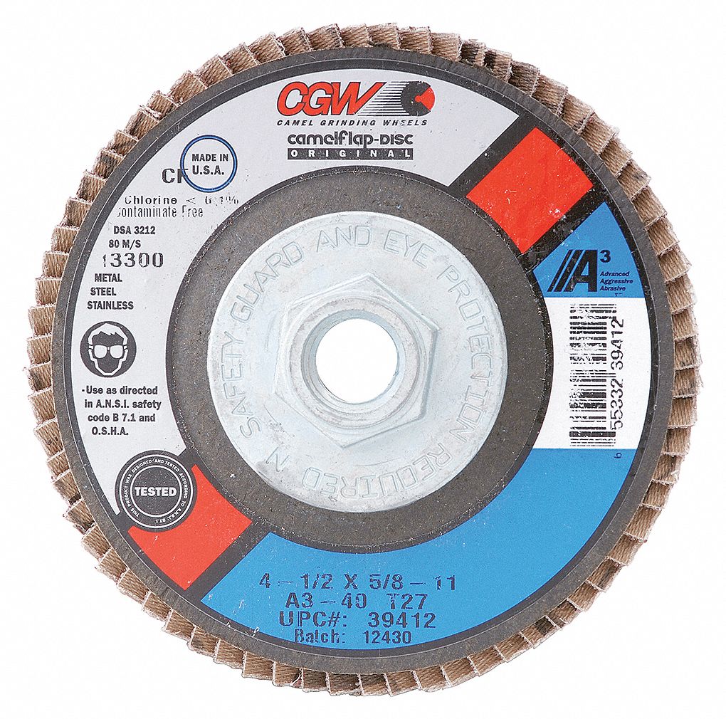 FLAP SANDING DISC, TYPE 27, BLUE-FIRED, 100 GRIT, 4 1/2 X 7/8 IN, A3 AL OXIDE/POLY