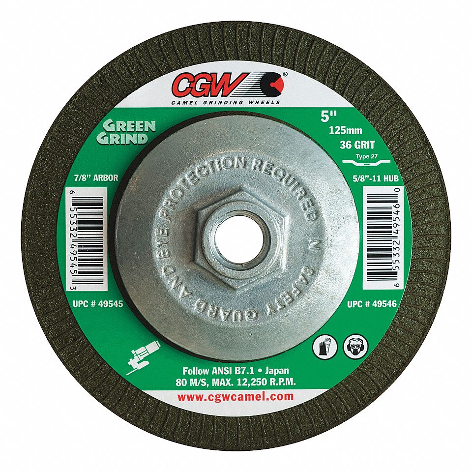 GRINDING WHEEL, GRADE P, TYPE 27, 12,250 RPM, 36 GRIT, GREEN, 5 X 5/32 IN, 5/8-11 IN ARBOR