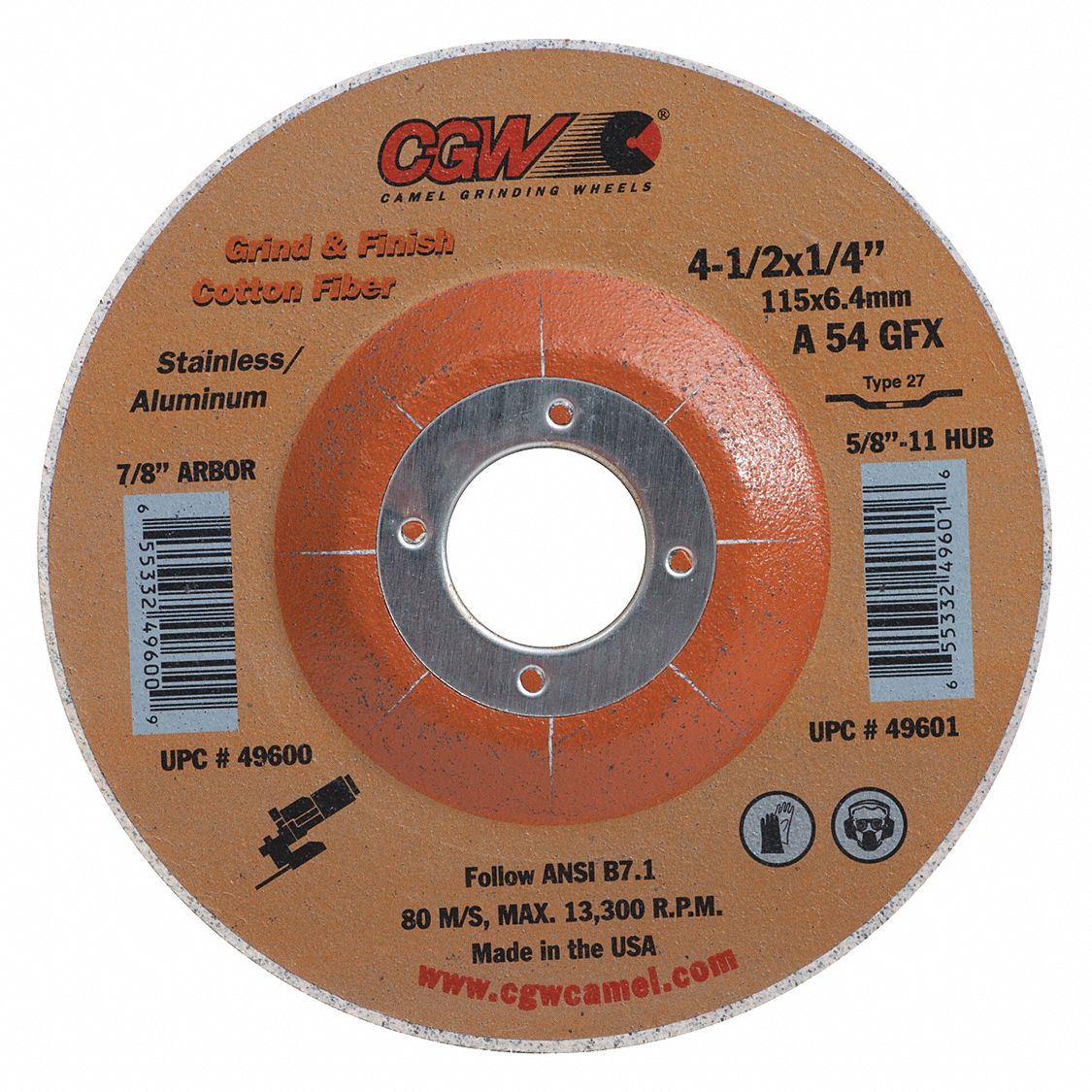 GRIND/FINISH WHEEL, TYPE 27, 13,300 RPM, 54 GRIT, 4 1/2 X 1/4 IN, 5/8-11 IN ARBOR, COTTON/AL OXIDE