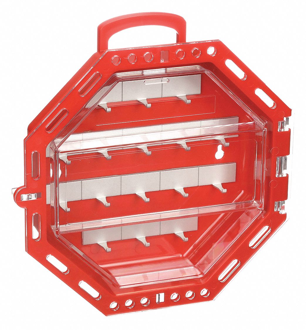 GROUP LOCKOUT BOX, PLASTIC, RED, 13 X 13 X 3½ IN, WALL, HINGED, 44 PADLOCKS