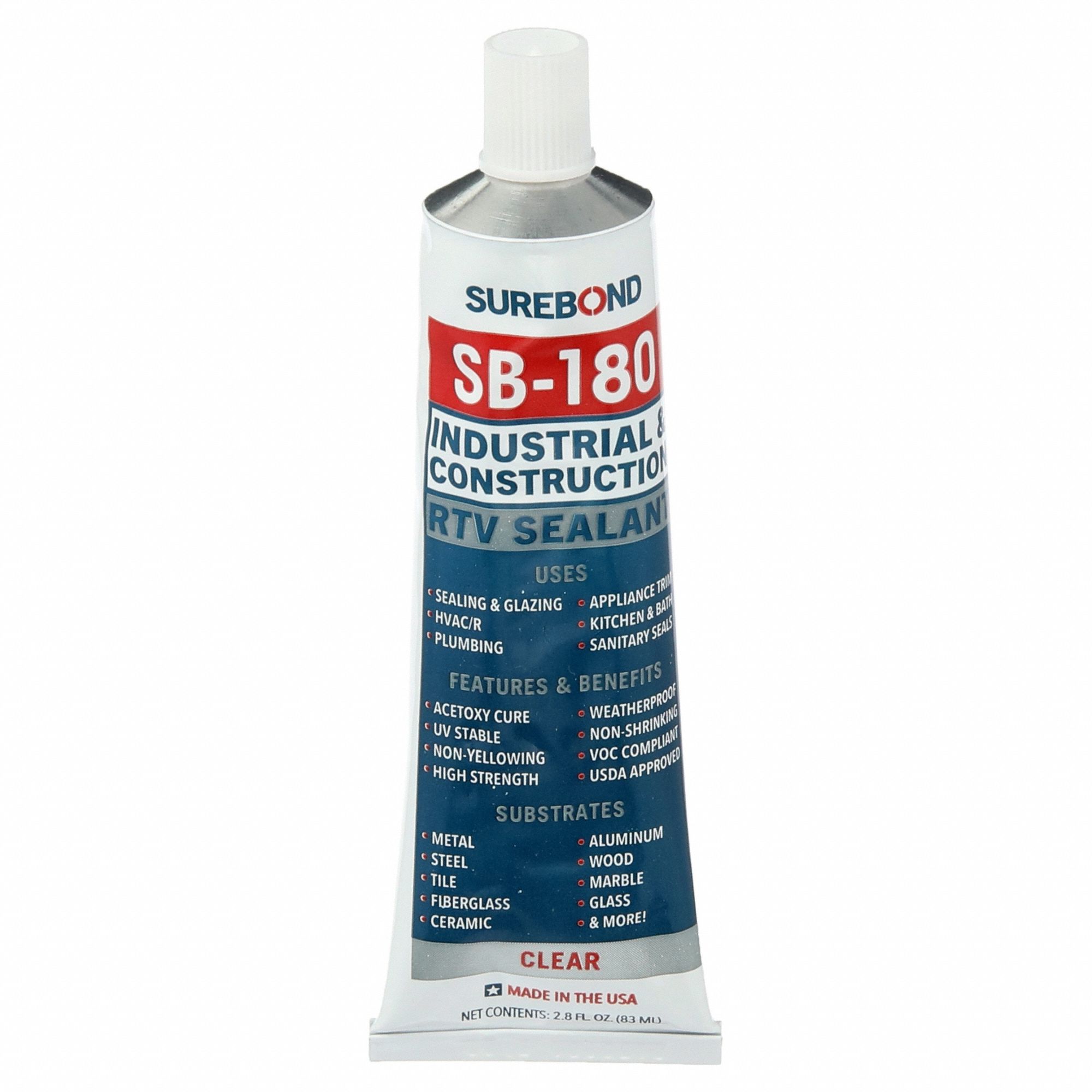 Silicone Sealant: SB-180, Clear, 3 oz, Tube, 301% to 500% Elongation Range