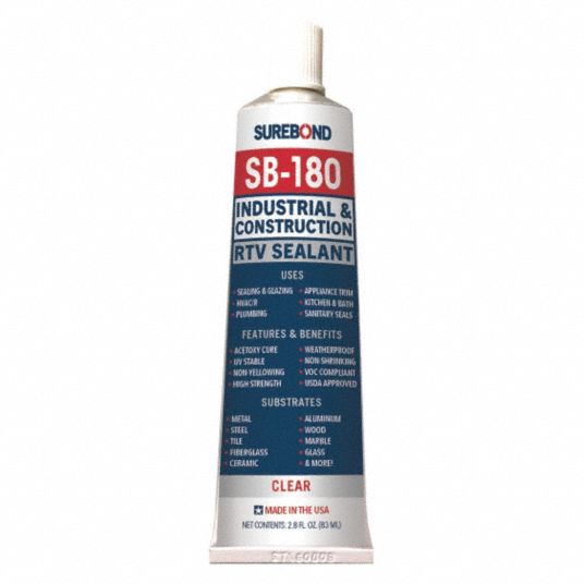 SUREBOND Acetoxy Cure RTV Silicone Sealant, 62 to 350°F Temp. Range, Full Cure 24 hr, Clear