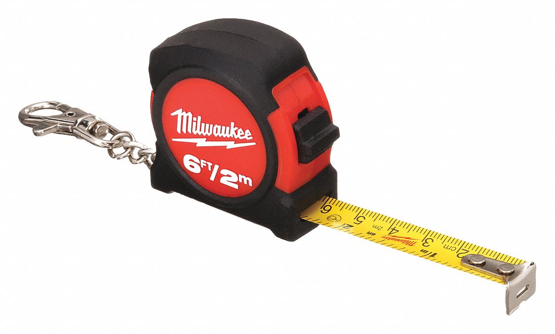 MILWAUKEE Key Chain Tape Measure: Inch/Metric, Nonmagnetic Single Hook Tip,  6 ft / 2 m, Narrow Blade