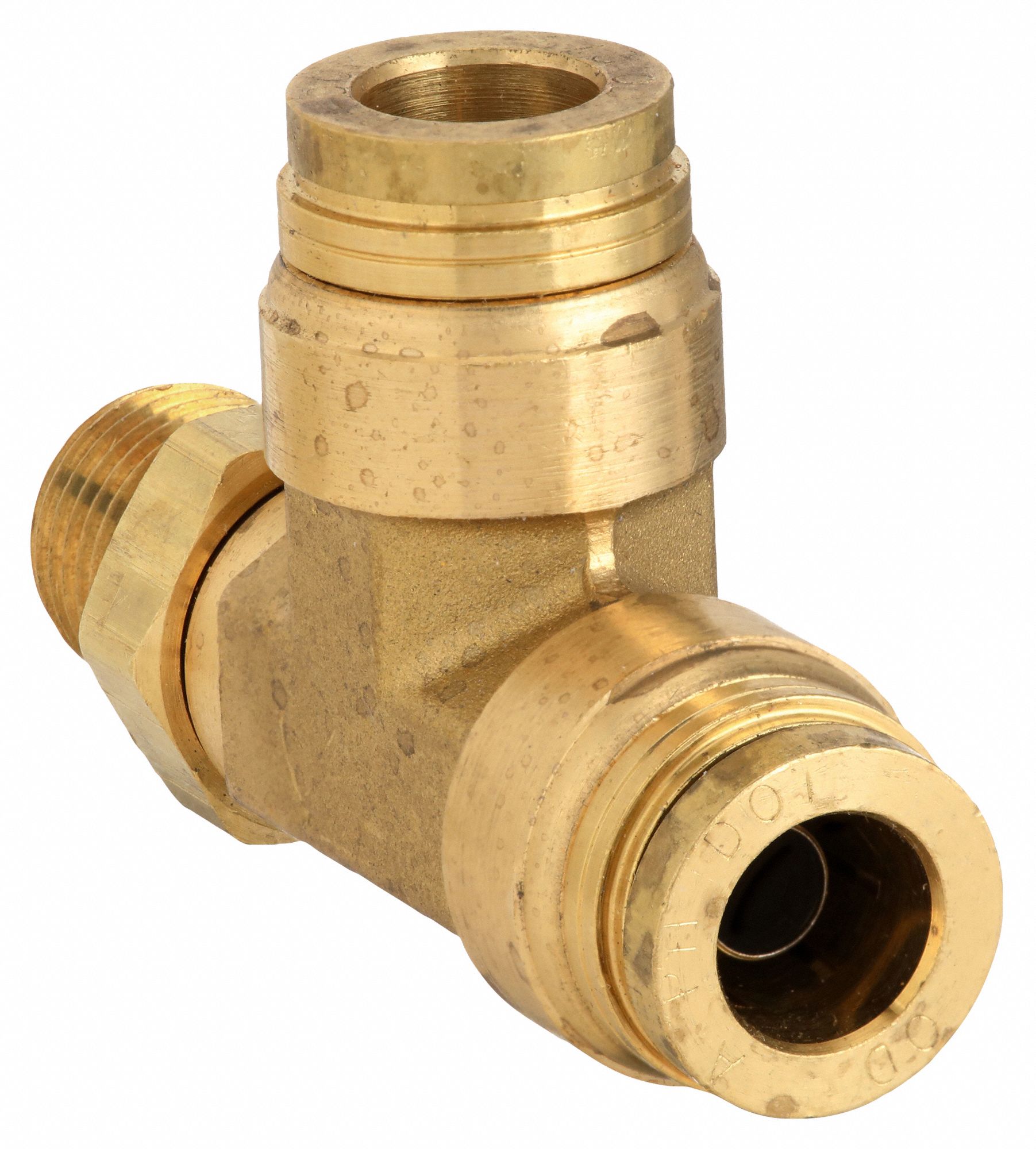 Push-Fit Tee Fitting: 1/4 in Pipe 3/8 in OD x 3/8 in OD Fitting Size, MNPT x Tube x Push-to-Connect