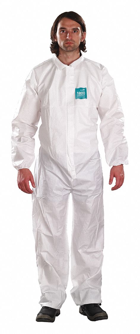 COLLARED COVERALLS, MICROPOROUS PE, ELASTIC CUFF W/BOOT COVERS, M, 1.56OZ