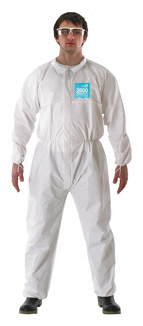 COLLARED COVERALLS, MICROPOROUS PE, ELASTIC CUFF W/THUMB LOOPS, L, 1.86OZ