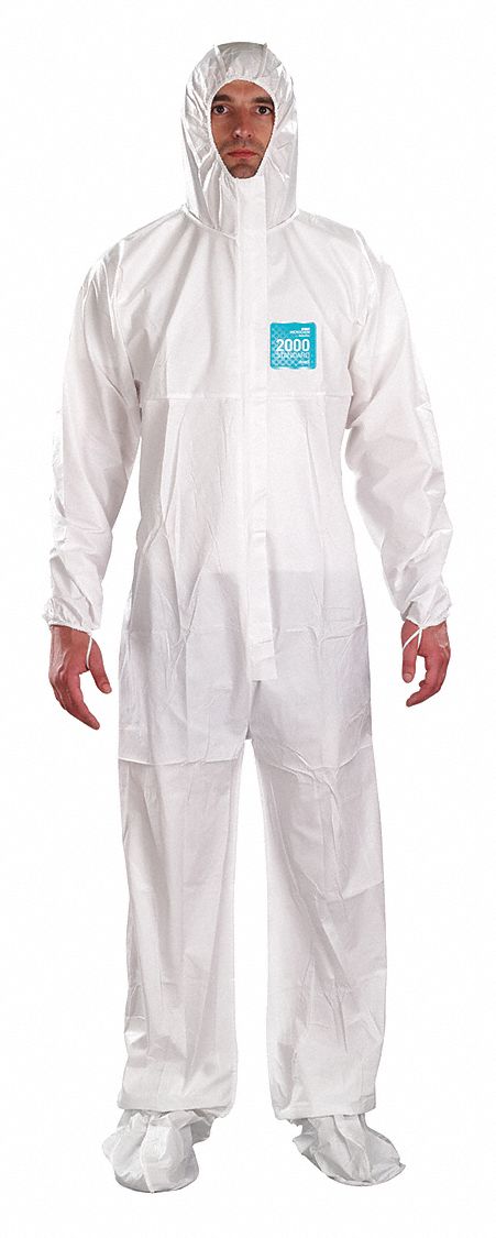 HOODED COVERALLS, MICROPOROUS POLYETHYLENE, ELASTIC CUFF W/THUMB LOOPS, L, 1.86OZ