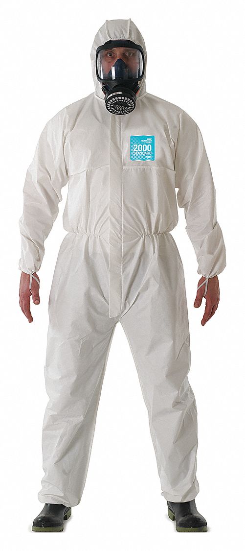 HOODED COVERALLS, MICROPOROUS POLYETHYLENE, ELASTIC CUFF W/THUMB LOOPS, WHITE, M