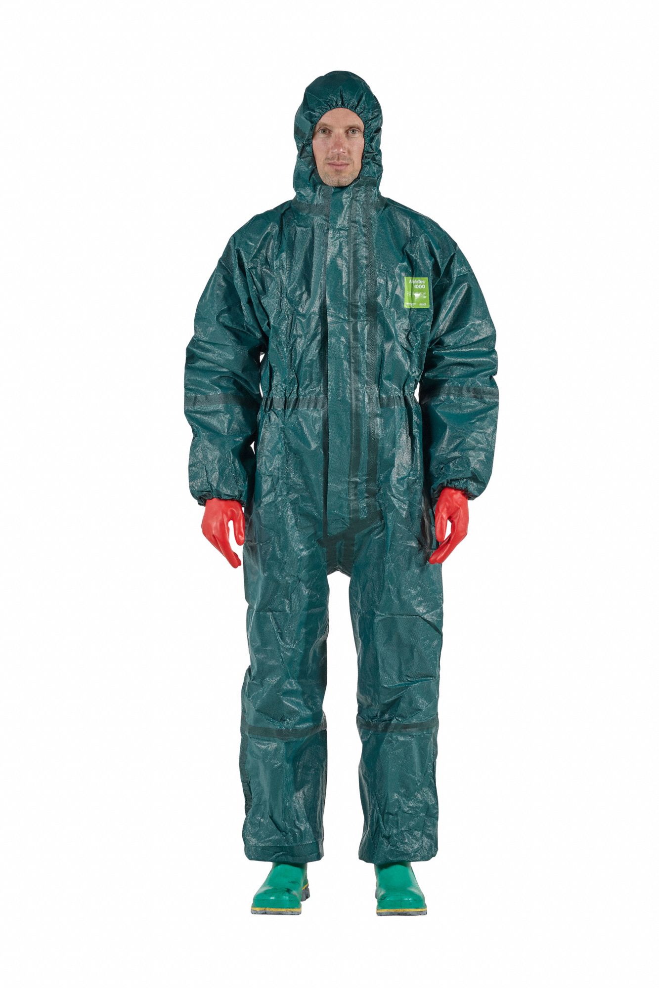 CHEM-RESISTANT COVERALLS, NON-WOVEN BARRIER LAMINATE, ELASTIC CUFF, BOOT COVERS/FLAPS, M