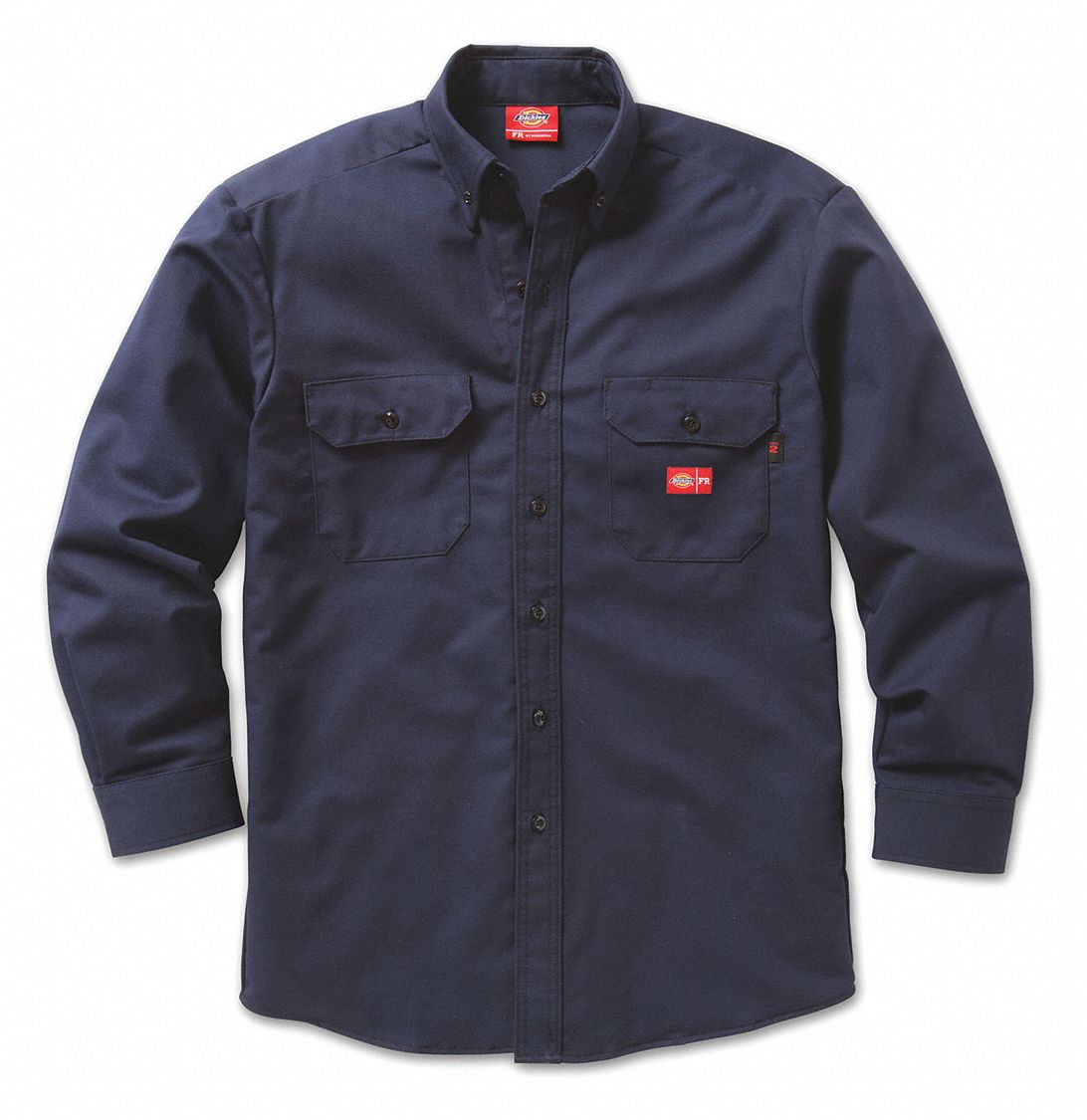DICKIES FR Navy Flame-Resistant Button Down Work Shirt, Size: 2XL, Fits ...