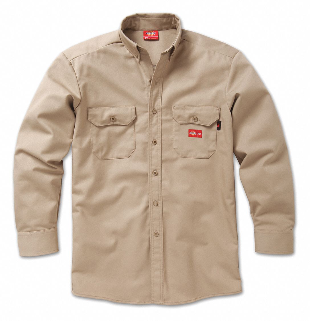 DICKIES FR Khaki Flame-Resistant Button Down Work Shirt, Size: XL, Fits ...