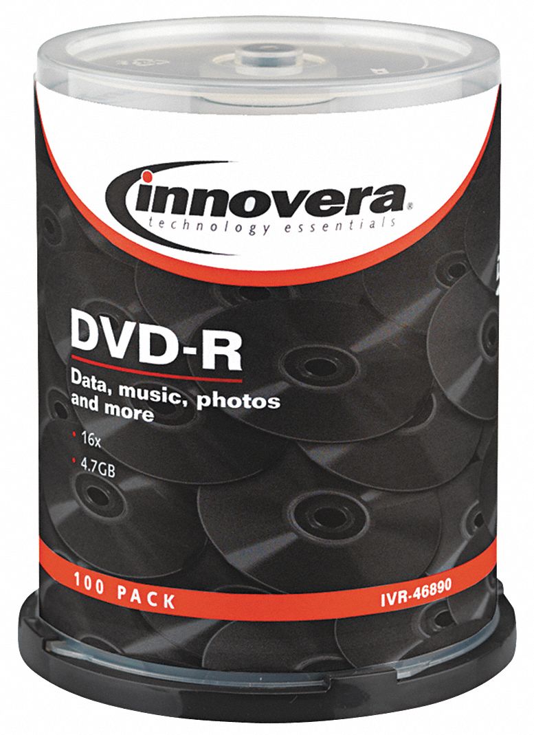 DVD-R Disc: 4.7 GB Capacity, 16x, Silver, 100 PK