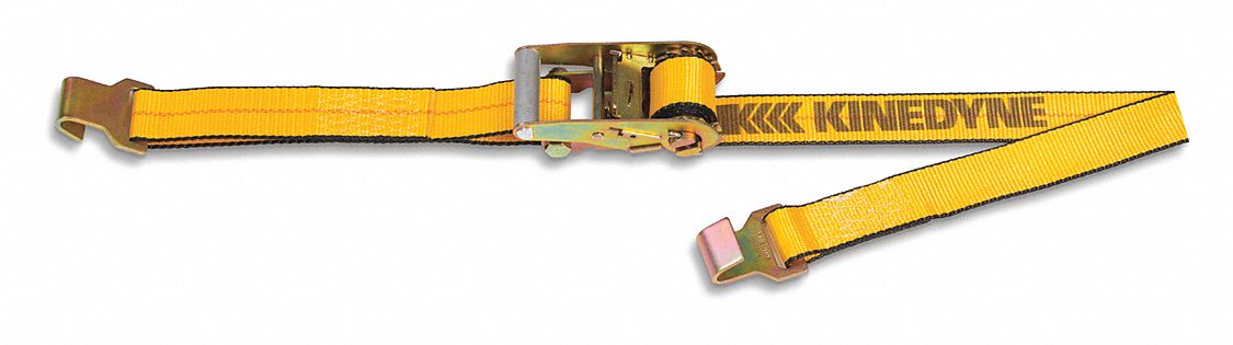 TIE DOWN STRAP, RATCHET, FLAT-HOOK, GEN PURPOSE, 2 IN W, 1,670 LB WLL, YELLOW, 27 FT L