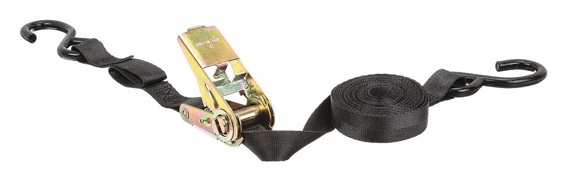 TIE DOWN STRAP, RATCHET, S-HOOK, GEN PURPOSE, 1 IN W, 400 LB WLL, BLACK, 14 FT L