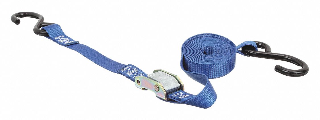 Tie Down Strap: Cam Buckle, S-Hook, Gen Purpose, 1 in Wd, 400 lb WLL, Blue, 10 ft Lg