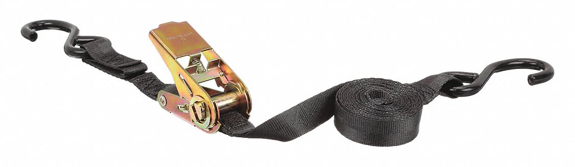 TIE DOWN STRAP, RATCHET, S-HOOK, GEN PURPOSE, 1 IN W, 400 LB WLL, BLACK, 10 FT L