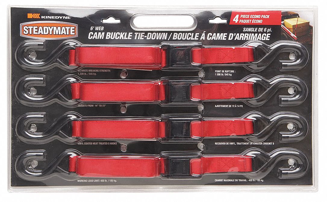 TIE DOWN STRAP, CAM BUCKLE, S-HOOK, 1 IN W, 400 LB WLL, RED, 6 FT L