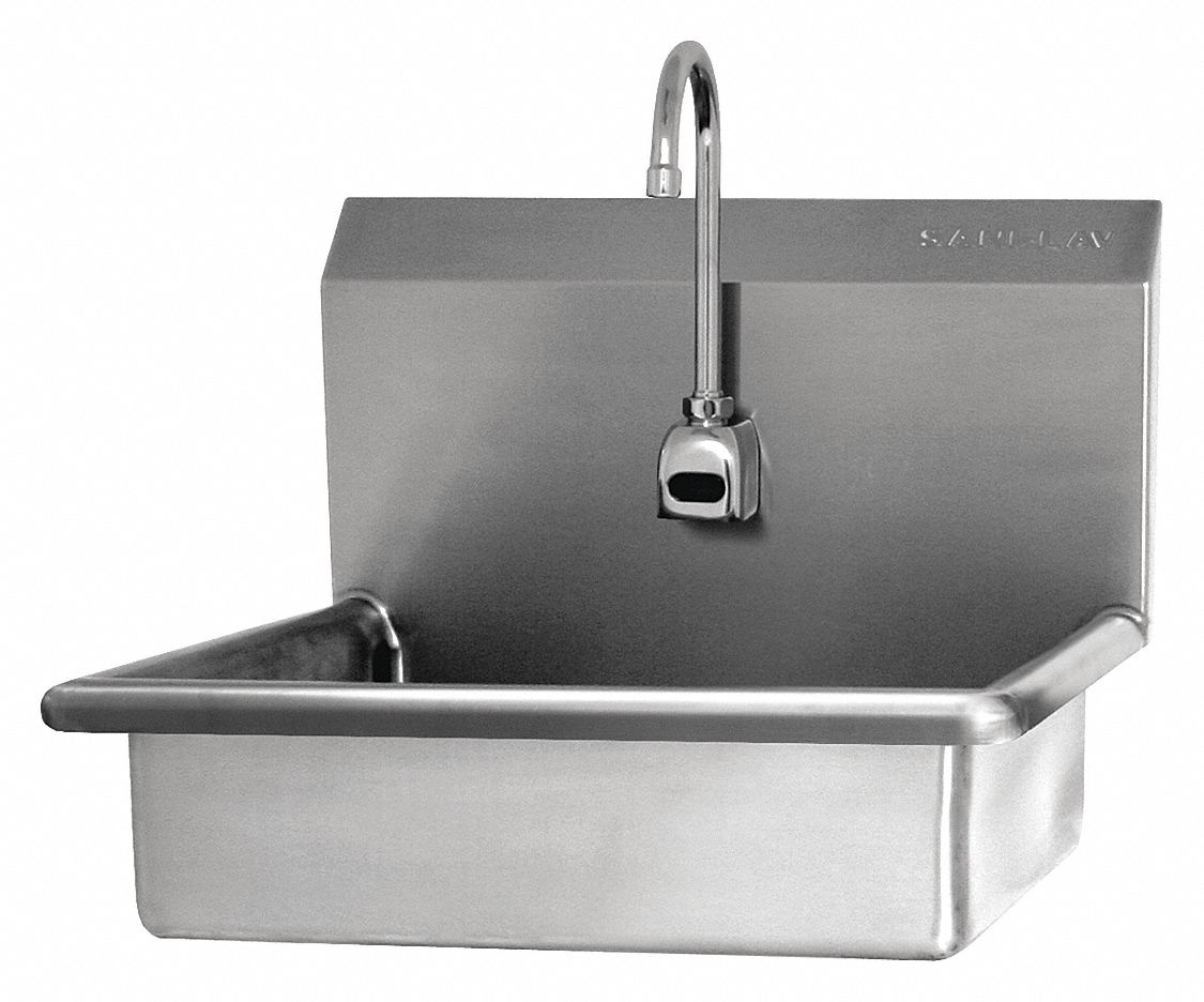 Hands-Free Sink: 1 Stations, 5 in Bowl Dp, 19 in Bowl Lg, 15 1/2 in Bowl Wd, 1 Faucet Holes