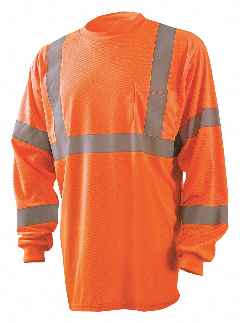T-Shirt: ANSI Class 3, 2XL, Orange, U, Long, T-Shirt Shirt, Polyester, 1 Pockets, Pullover