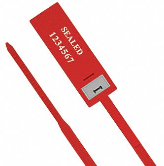 Pull-Tight Seals: 13 in Strap Lg, 90 lb Breaking Strength, Red, White, Hot Stamped, 100 PK