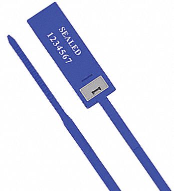 Pull-Tight Seals: 13 in Strap Lg, 90 lb Breaking Strength, Blue, White, Hot Stamped, 100 PK