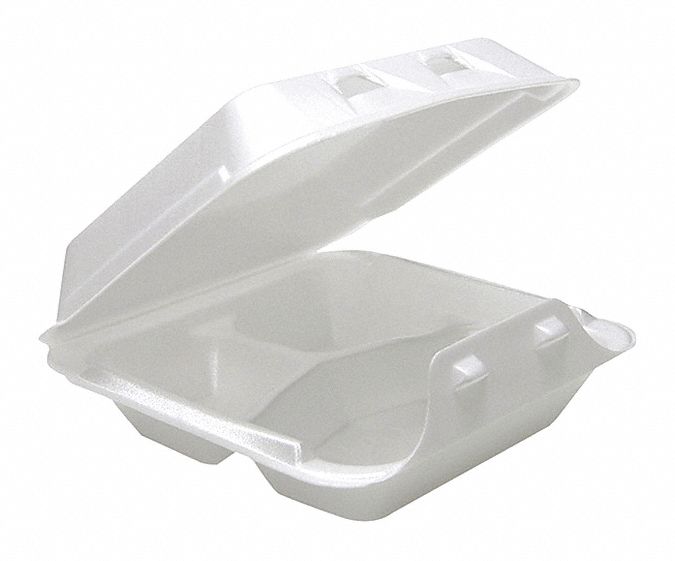 Carry-Out Food Container: Foam, Square, White, 3 Compartments, Microwave Safe, 150 PK