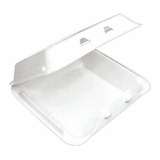 Carry-Out Food Container: Foam, Square, White, 1 Compartments, Microwave Safe, 150 PK