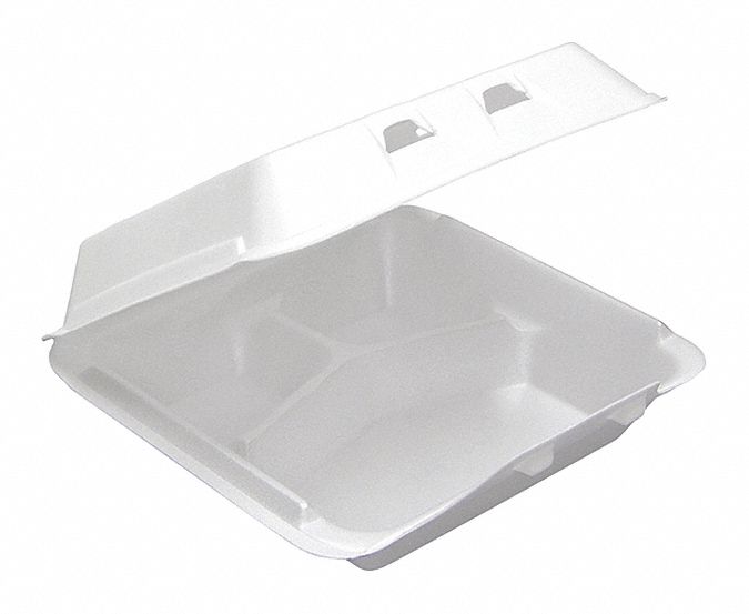Carry-Out Food Container: Foam, Square, White, 3 Compartments, Microwave Safe, 150 PK