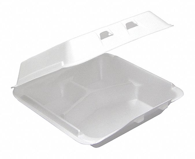 Disposable Carry-Out Food Container: White, Hinged Lid Container Container, Foam, 150 PK