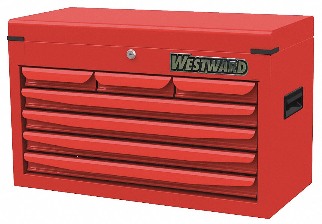 WESTWARD Top Chest: Powder Coated Red, 26 in W x 12 1/8 in D x 16 in H,  Red, 7 Drawers