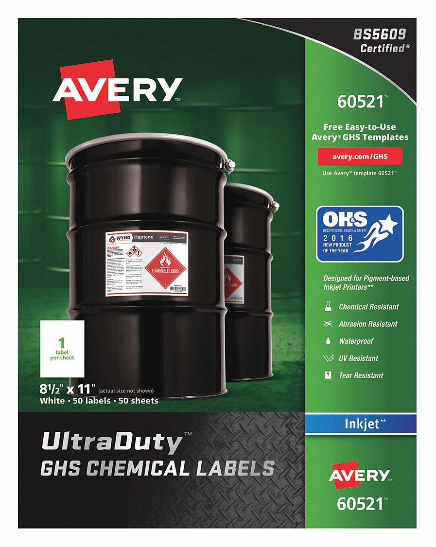 CHEM LABEL,8-1/2"W X 11"H,50 LABELS,PK50