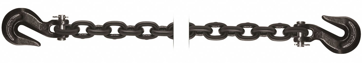 Straight Chain: 1/2 in Trade Size, 80 Chain Grade, Alloy Steel, Grab Hook, 15 ft Overall Lg