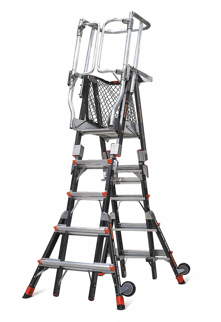 Fiberglass Safety Cage Platform Ladder, 5 ft 1 in to 8 ft 1 in Ladder
