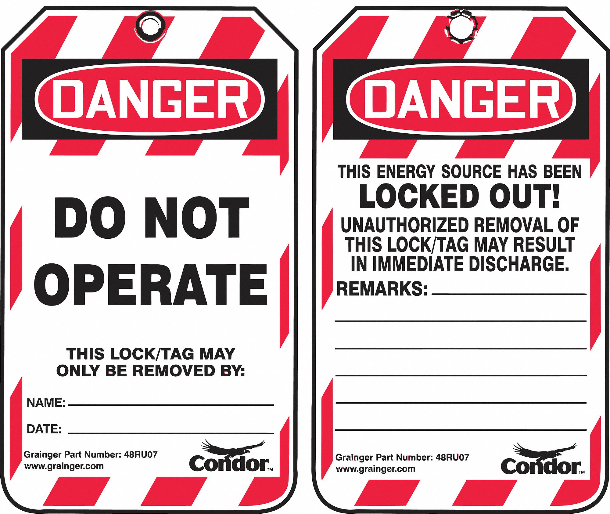 Lockout Tag: Danger, Danger Do Not Operate, Plastic, Remarks, Write-On Surface, English, Tag