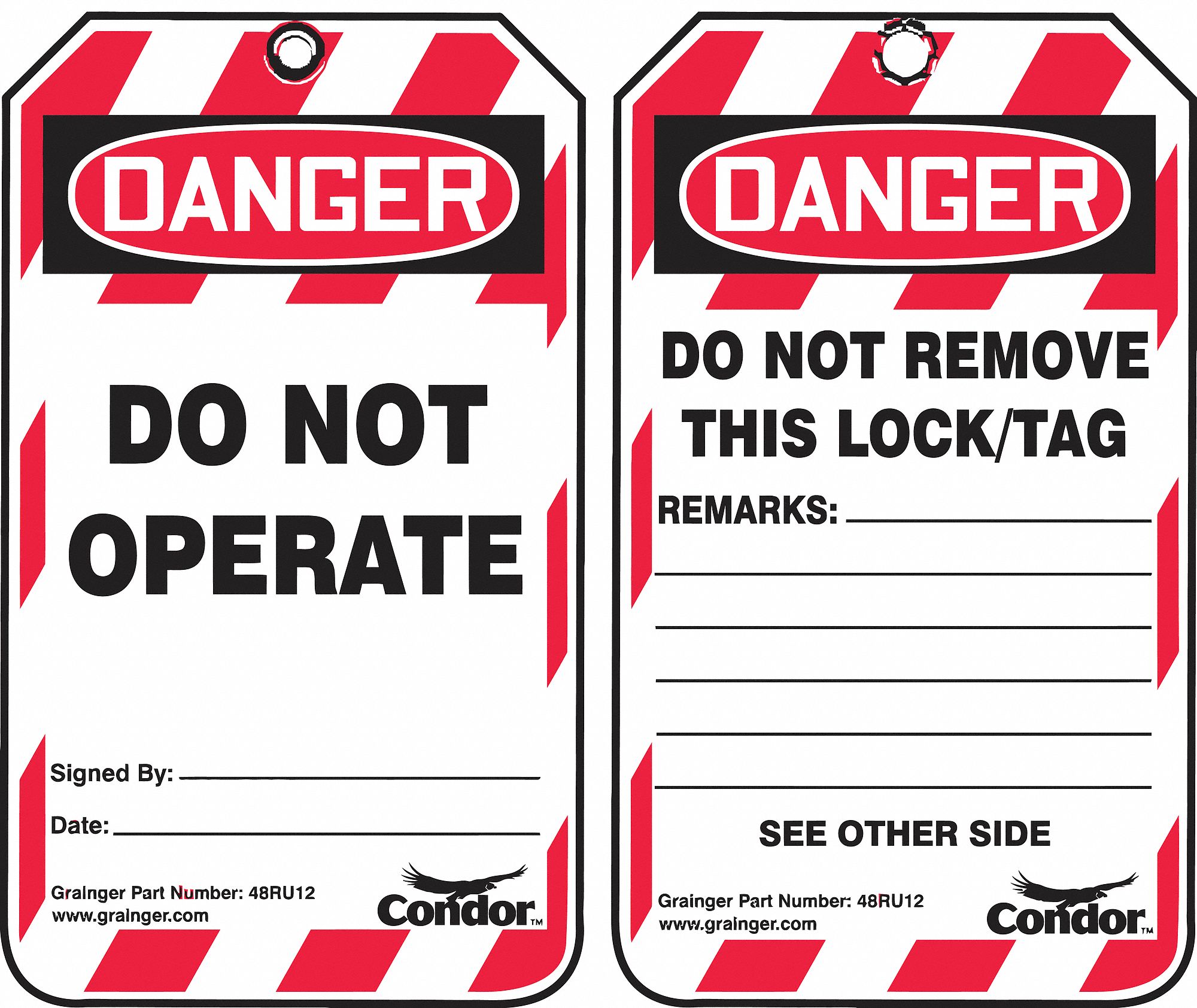 LOCKOUT TAG, DO NOT OPERATE, PLASTIC, REMARKS, WRITE-ON, ENGLISH, CABLE TIE, 100 PK