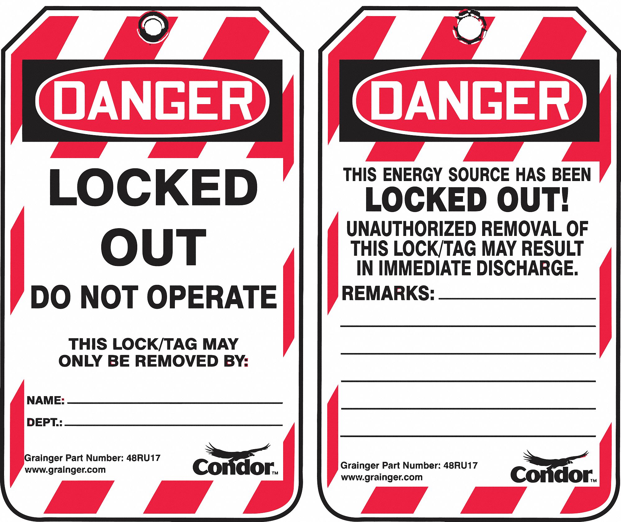 LOCKOUT TAG, DANGER, LOCKED OUT DEVICE, PLASTIC, REMARKS, WRITE-ON, ENGLISH, NYLON, 25 PK